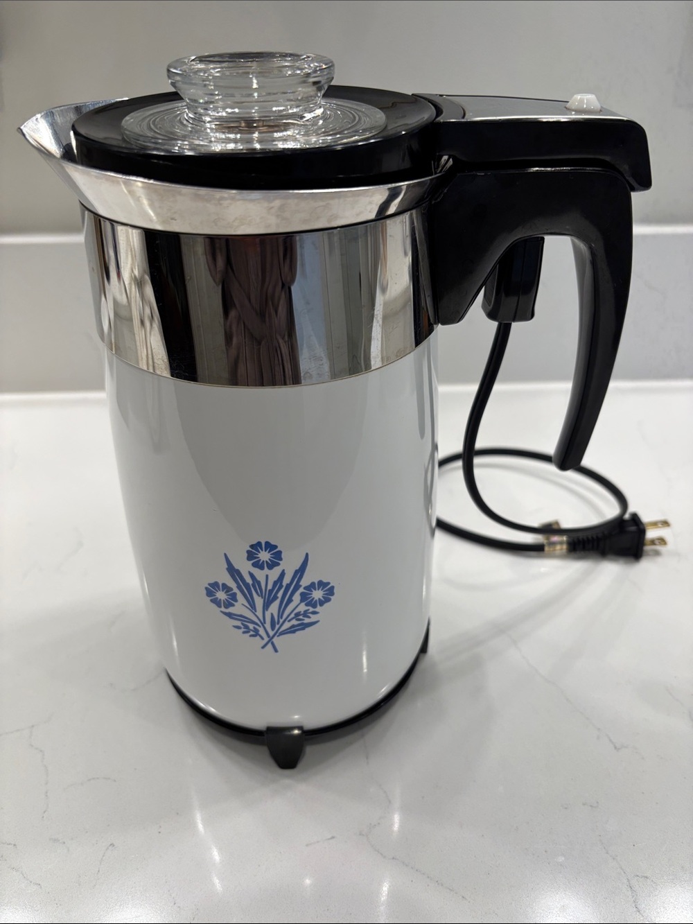 Corning Ware Electric White and Blue Floral Coffee Percolator